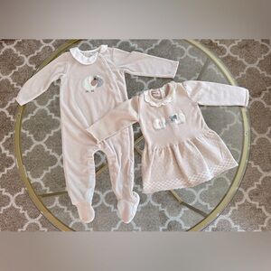 Mayoral Beige Cotton Velour Babygrow & Beige Knitted Dress- twin set